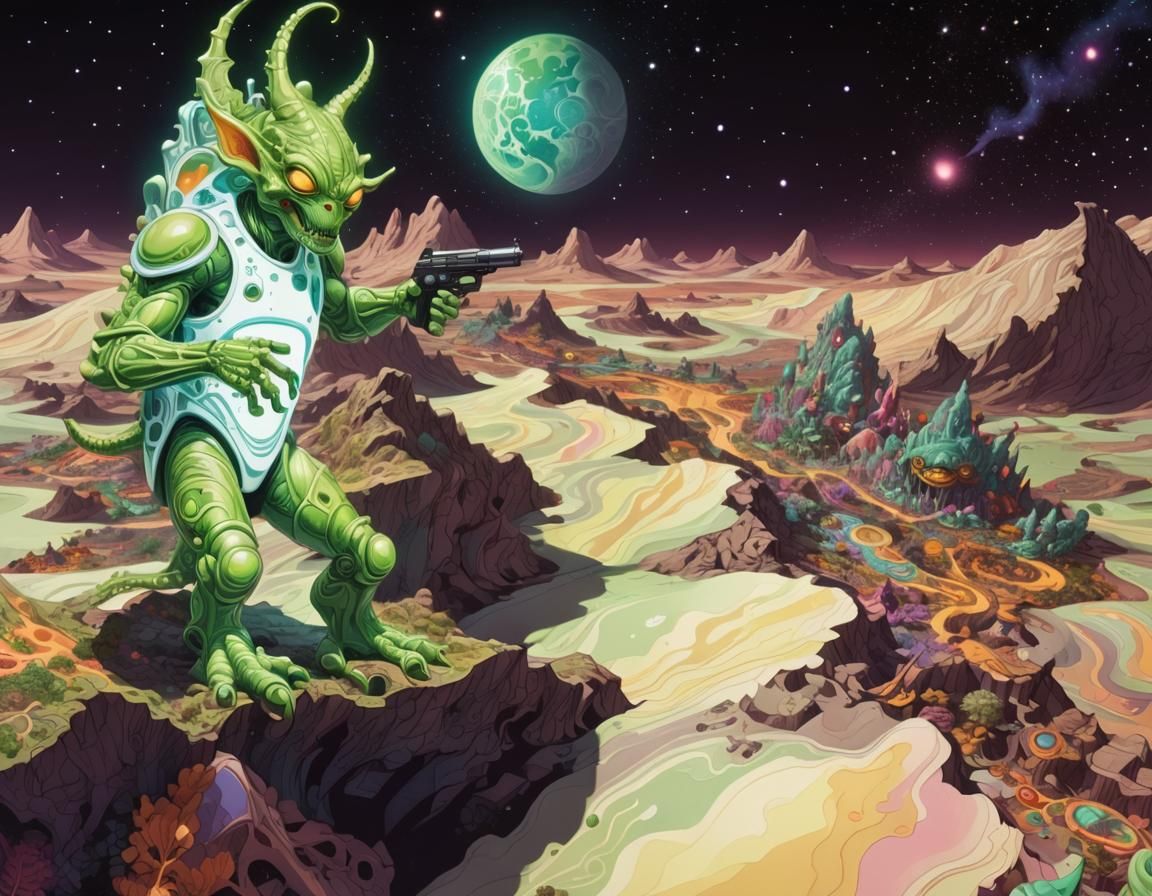 Green Alien Monster in Abstract Fractal Art Style