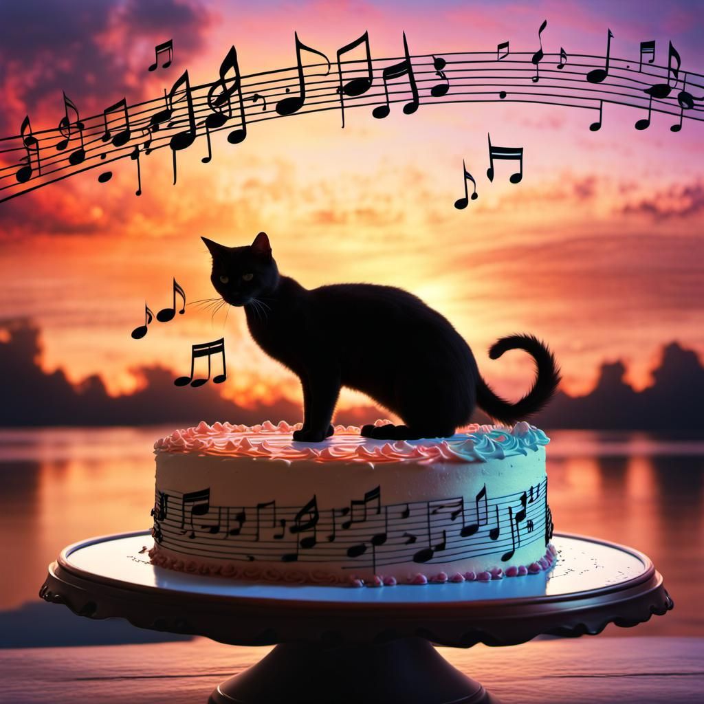 Cat Silhouette with Music and Birthday Cake