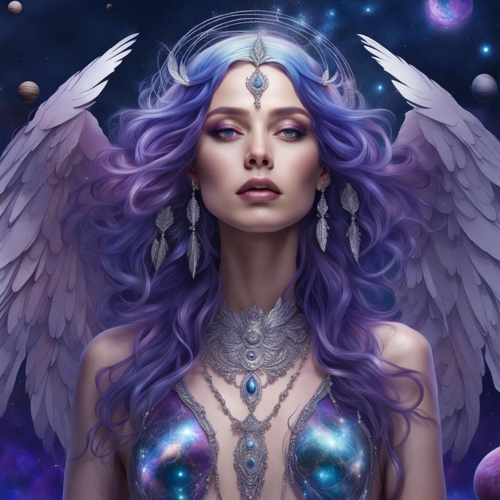 Goddess with Feather Wings in Liquid Silver Dress