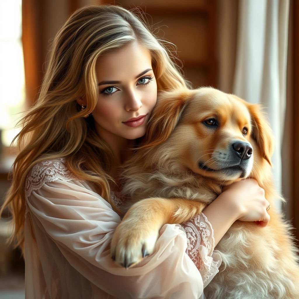 Warm Portrait of Woman Embracing Dog in Soft Light