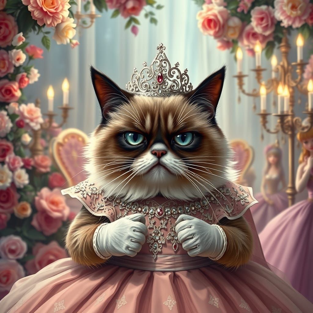 Whimsical Feline Royalty in Enchanted Ballroom