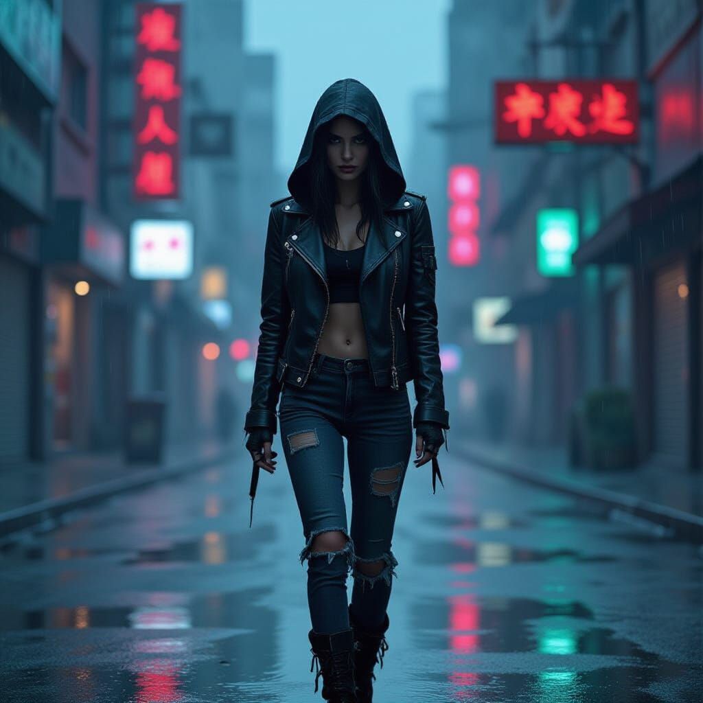 Mysterious Woman in Neon-Lit Dystopian Cityscape