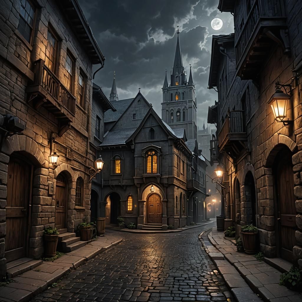 Dark Fantasy Town with Temple Square