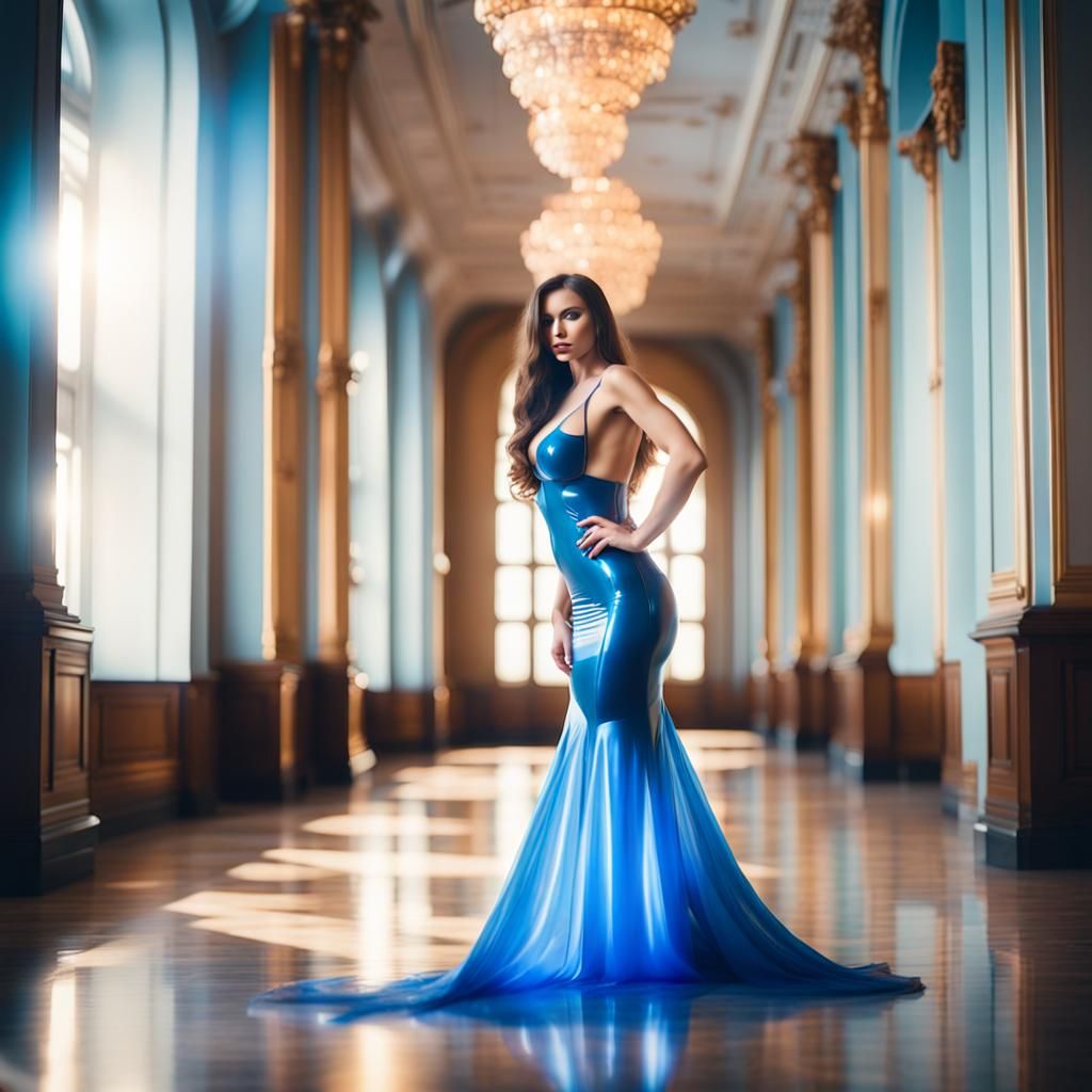 Brunette in Blue Latex Dress in Elegant Hall