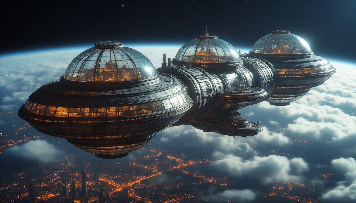 Massive Space Station Orbiting Earth at Night