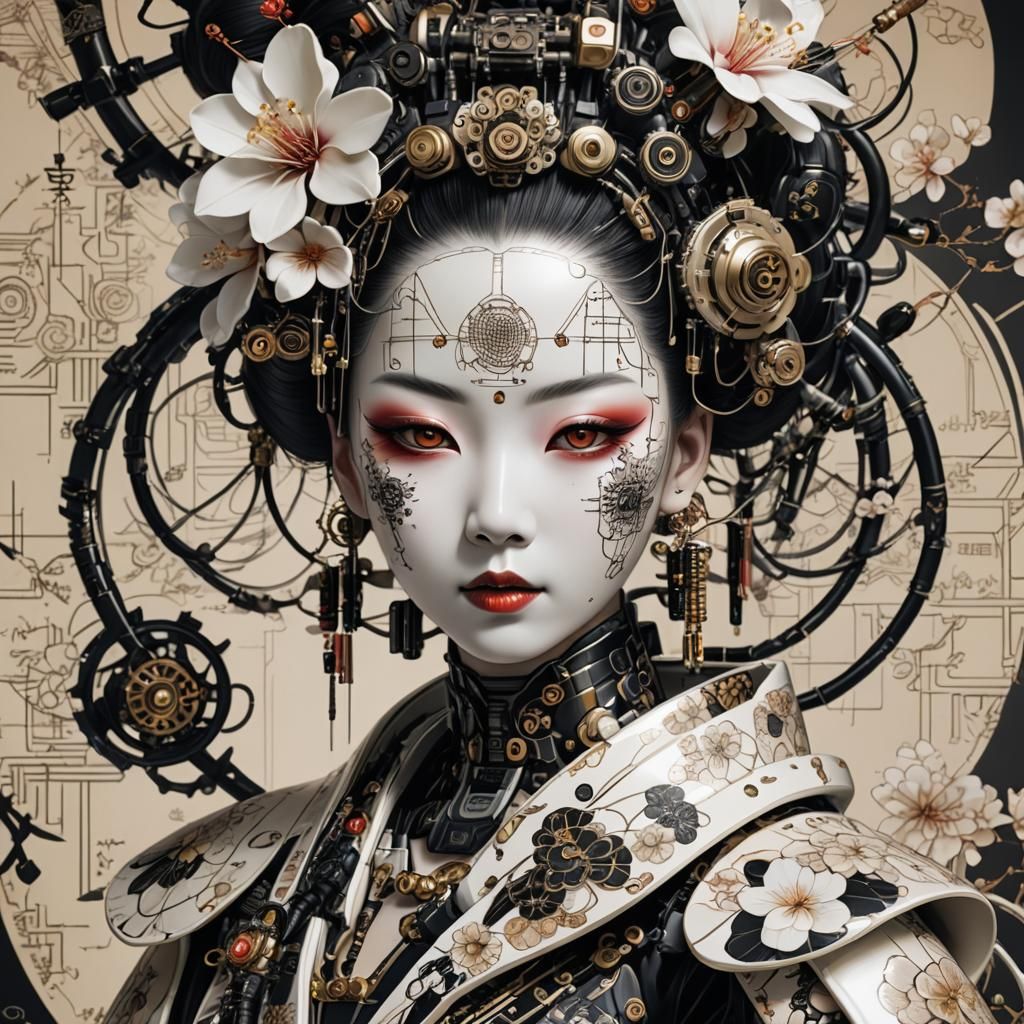 Geisha Cyborg Princess with Porcelain Face