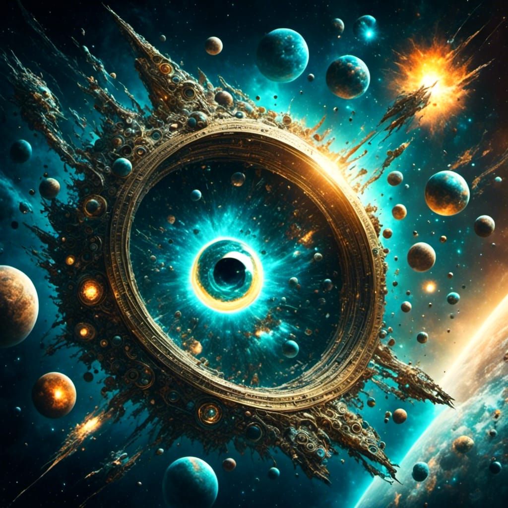 Eye-Shaped Spaceship Navigates Planets in Hyperreal Style