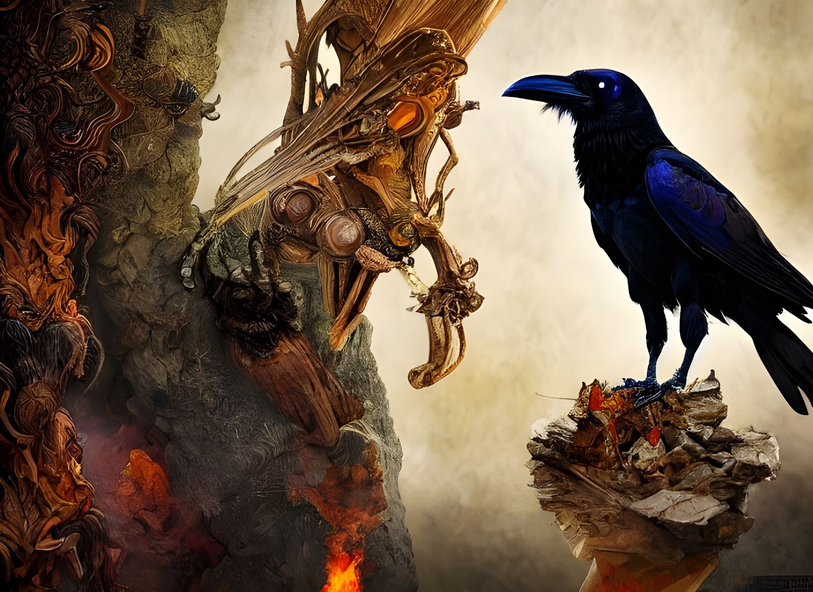 Raven Hiding Immortal Wisdom: Detailed Digital Art