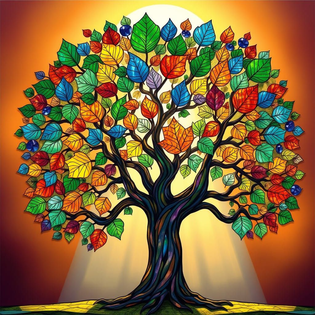 Vibrant Tree with Kaleidoscopic Stained Glass Leaves in a Dr...
