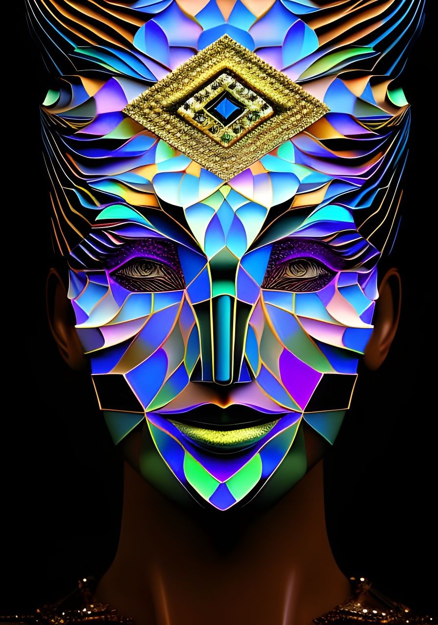 mosaic mask Remedios Varo style 64K, 3D,hyper-detailed, futuristic, iridescent