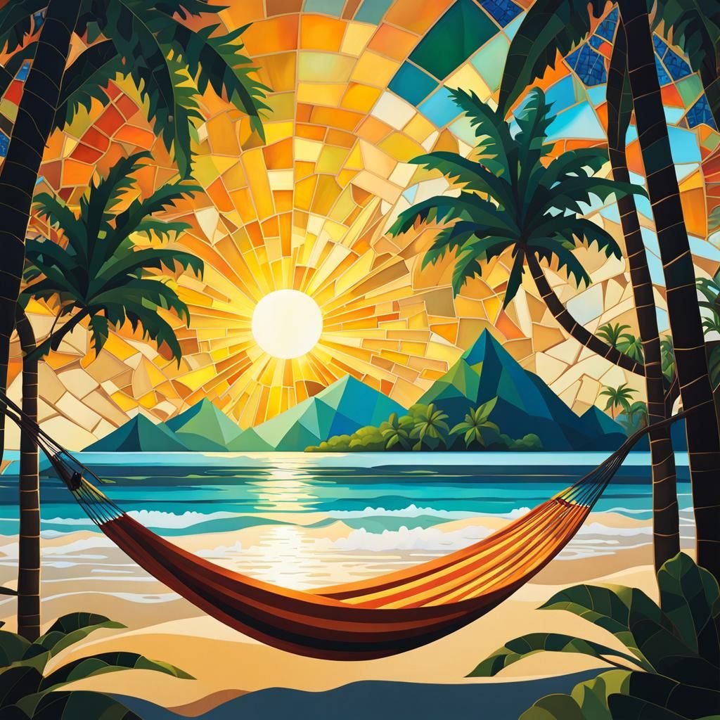 Tropical Island Beach at Golden Hour in Gouache