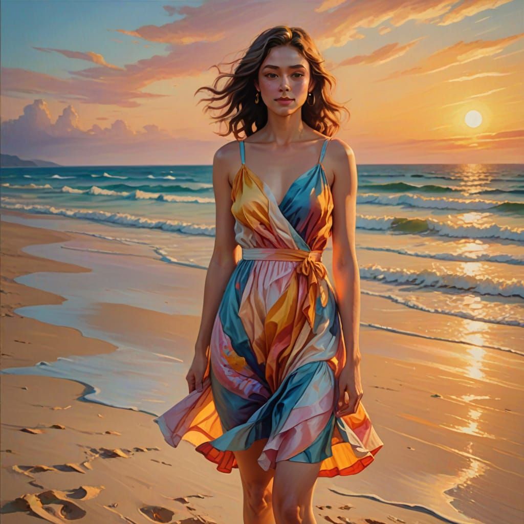Elegant Luna in a Whimsical Beach Sundress, Painted in Vibra...