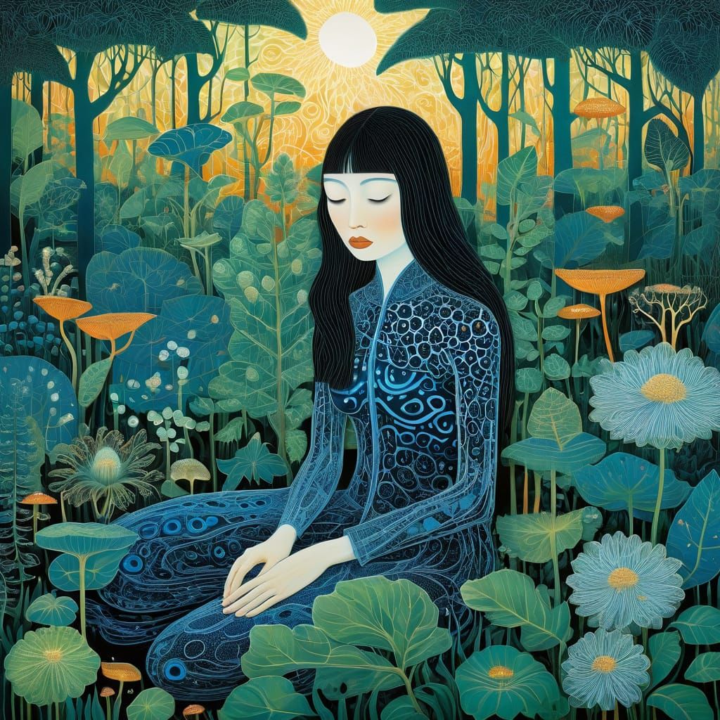 Dreamlike Scene with Embroidered Figure in Cosmic Dreamscape