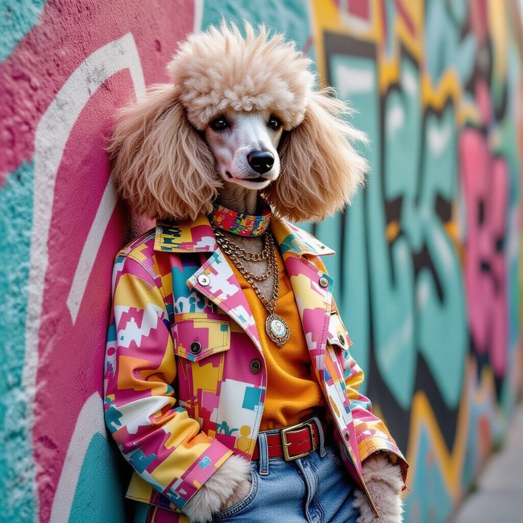 Poodle as 80s Rock Teen in Retro-Futuristic Style