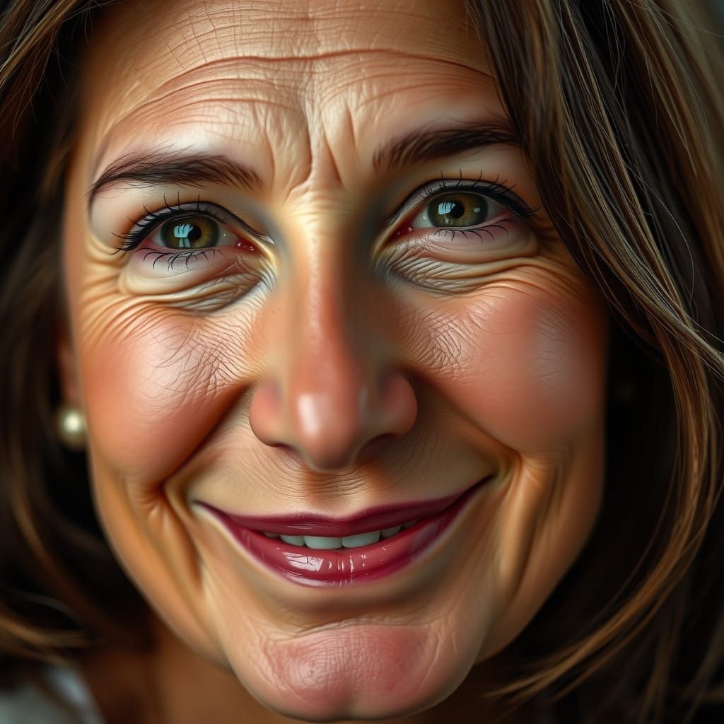 Realistic Portrait of a Warm-Smiling Woman with Laugh Lines...
