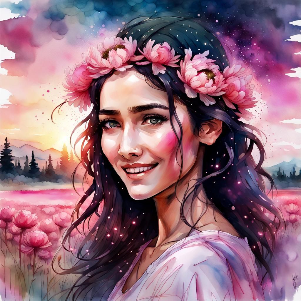 Middle Eastern Woman in Peony Field, Digital Watercolor