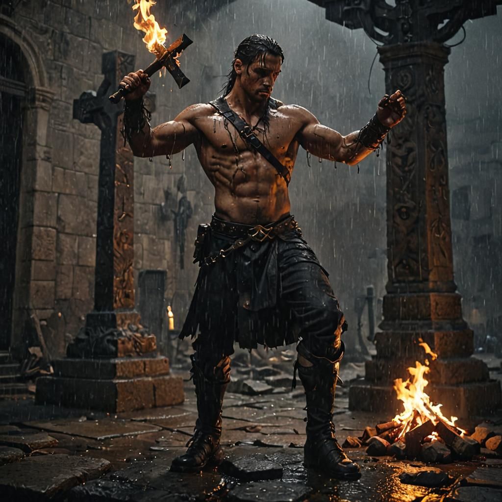 Warrior Kneels Before Flaming Cross in Dark Fantasy Art