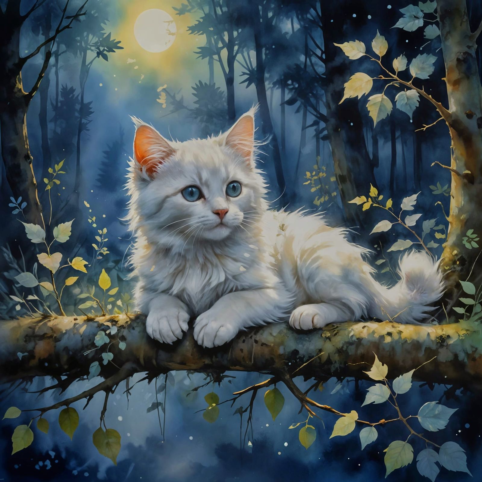 Ethereal Watercolor Kitten in Moonlit Forest