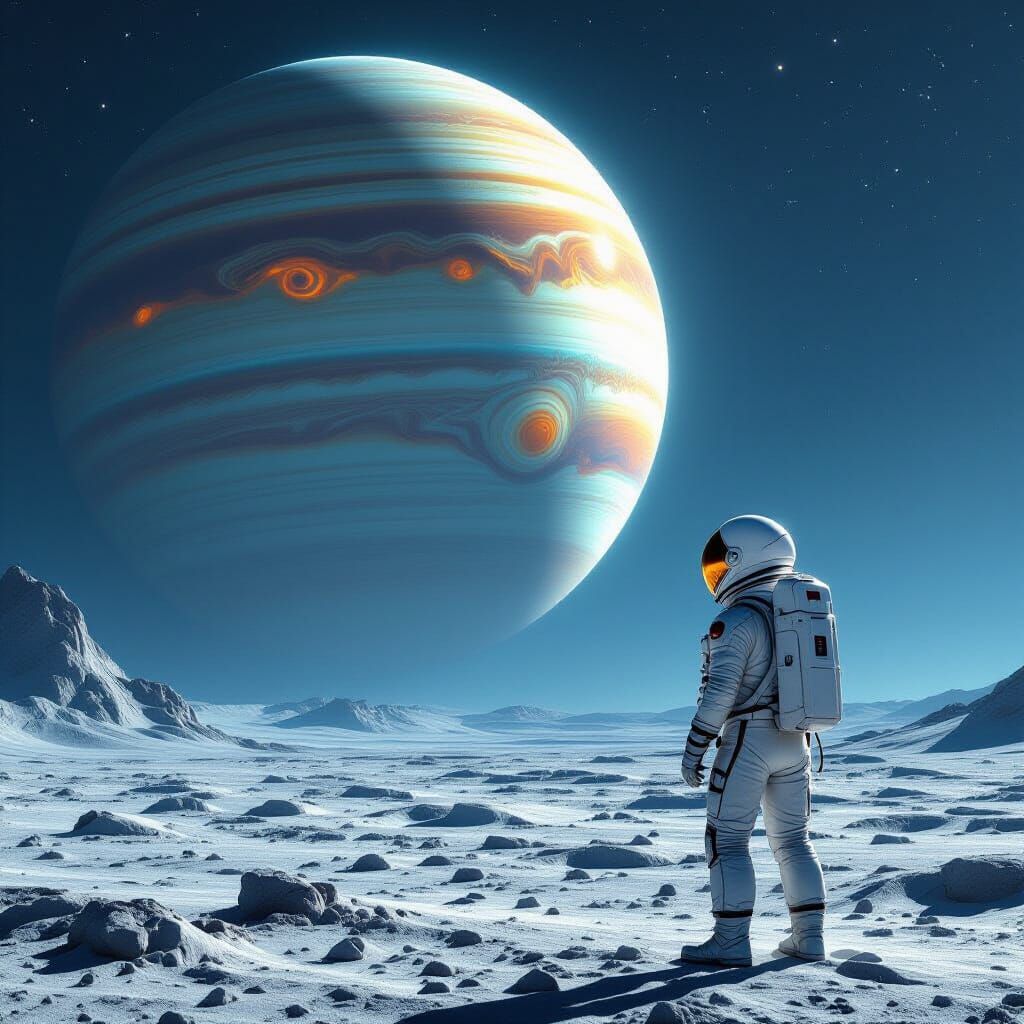 Astronaut on Alien Moon Gazing at Gas Giant