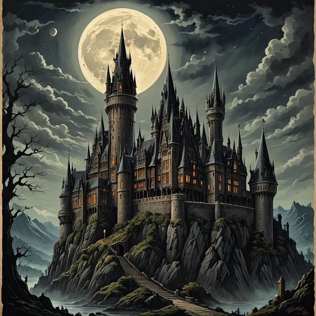 Gothic Castle Under Full Moon Poster Art