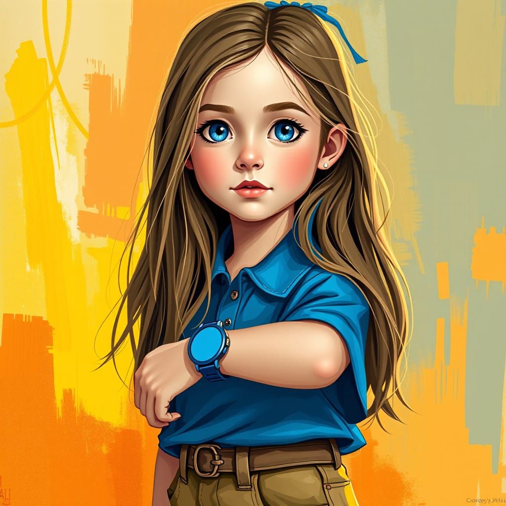 Teen Girl in Blue Polo with Giant Watch, Abstract Style