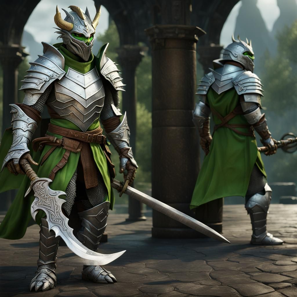 Silver Dragonborn Warrior with Green Greatsword