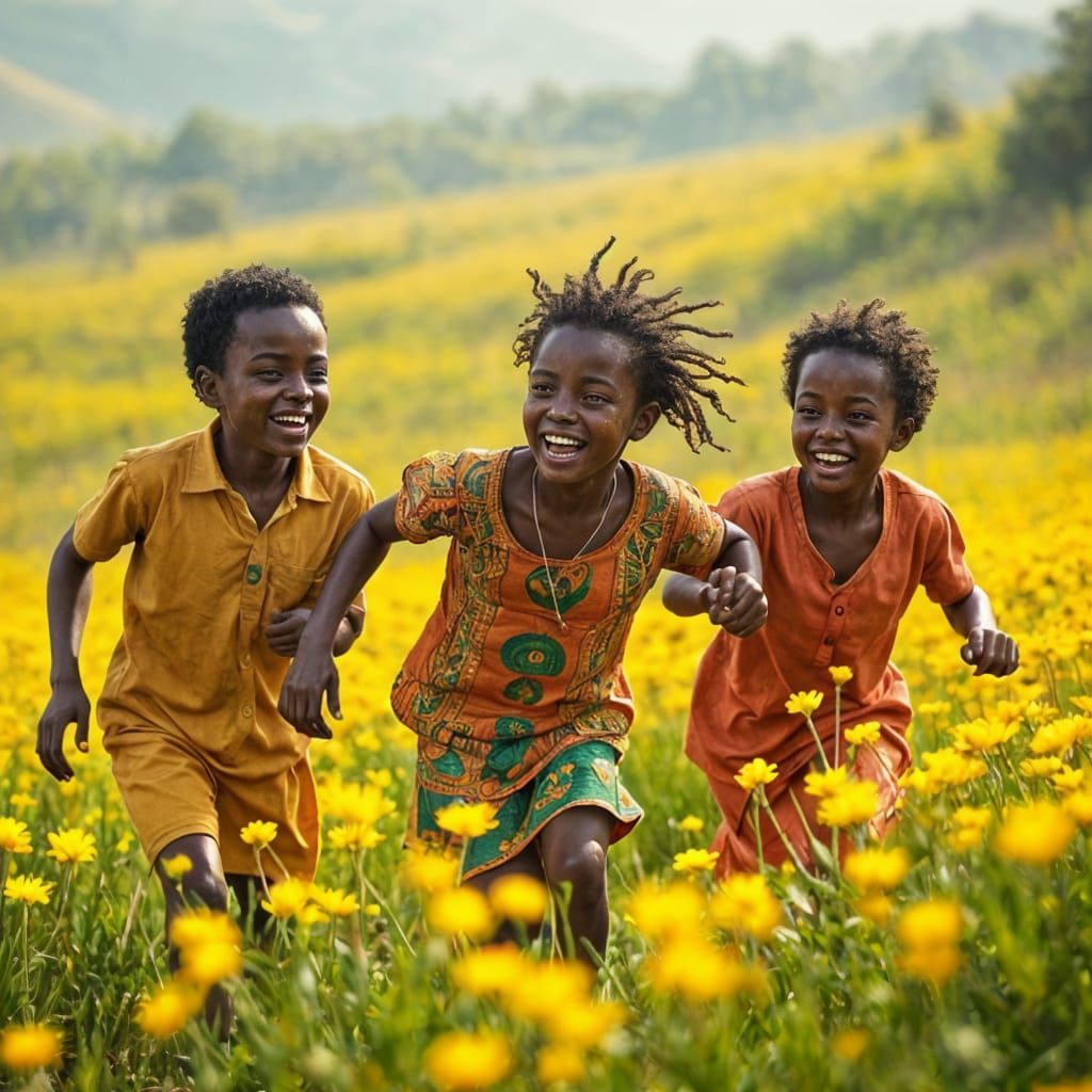 Ethiopian Children Playing in Field of Flowers