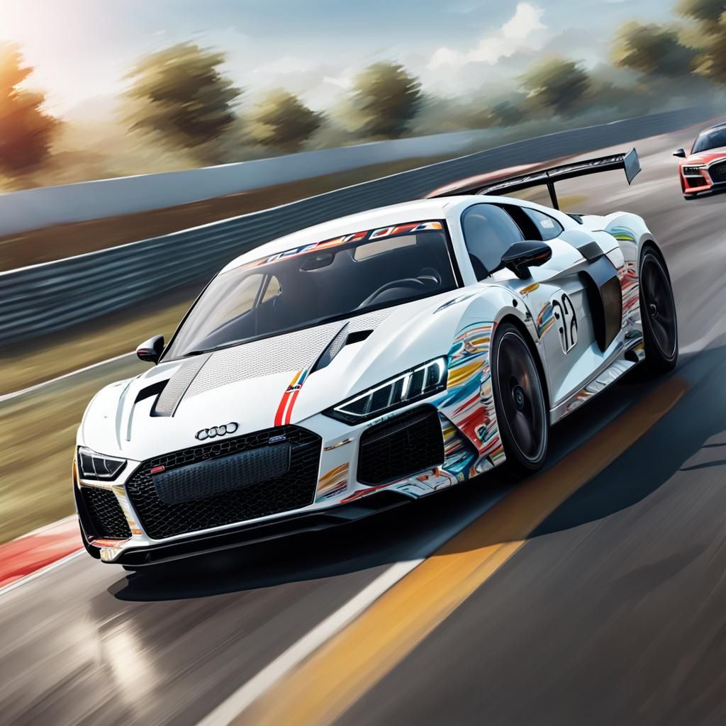 White Audi R8 on Racing Road in Splash Art Style