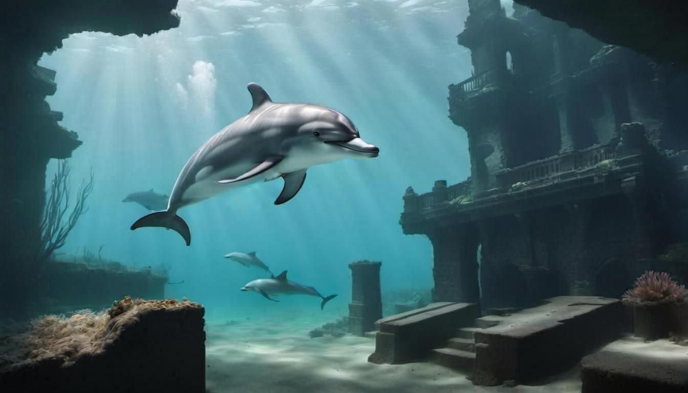 Dolphins exploring the underwater ruins of Greenwich Village (New York)