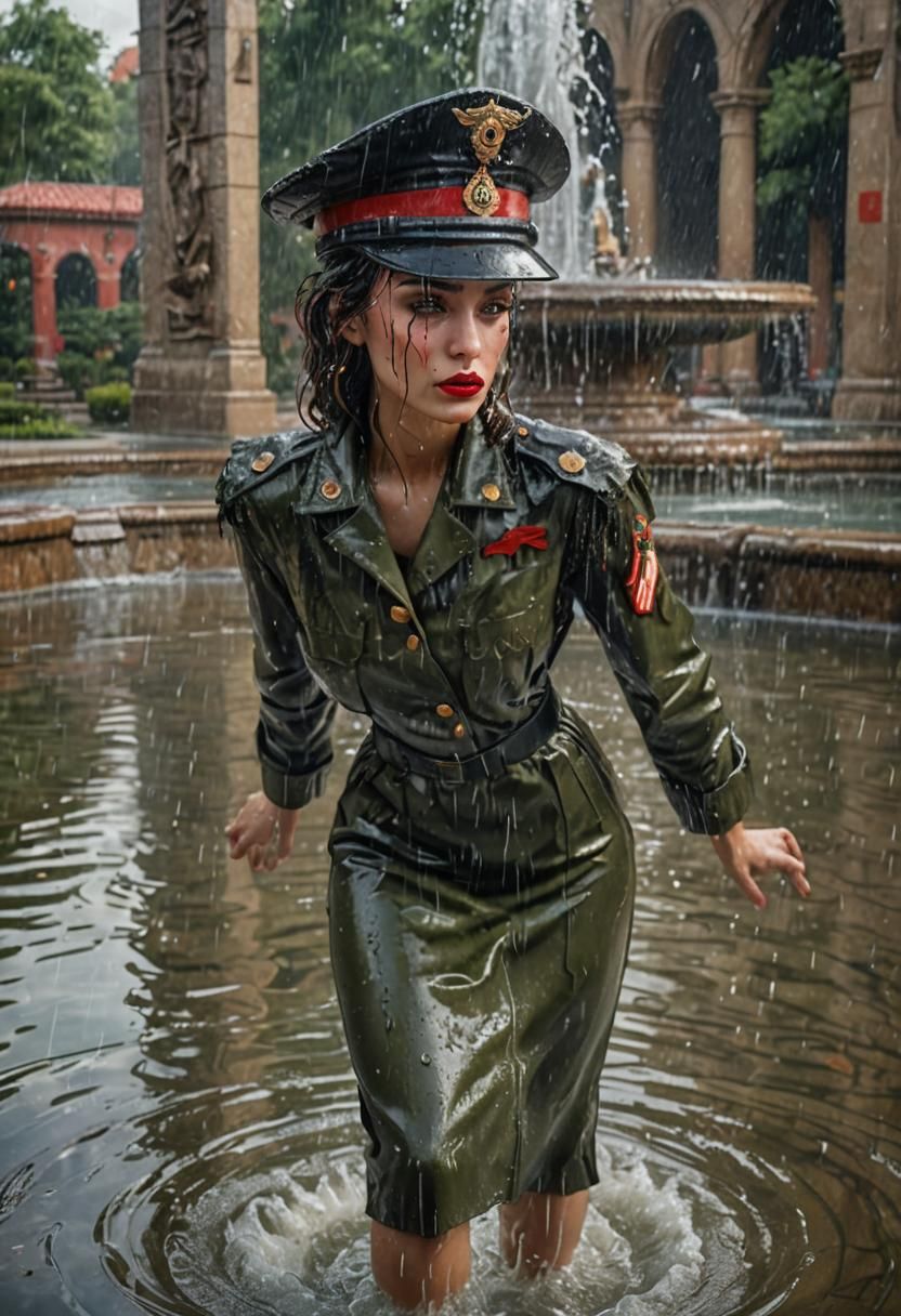 Glamorous Woman in Fountain with Military Uniform