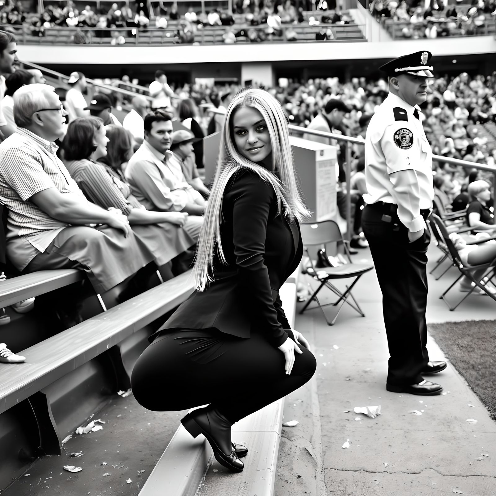 Candid Stadium Scene: Black and White Photograph