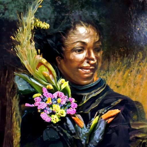 Black Woman Portrait with Flowers in Oil Paint