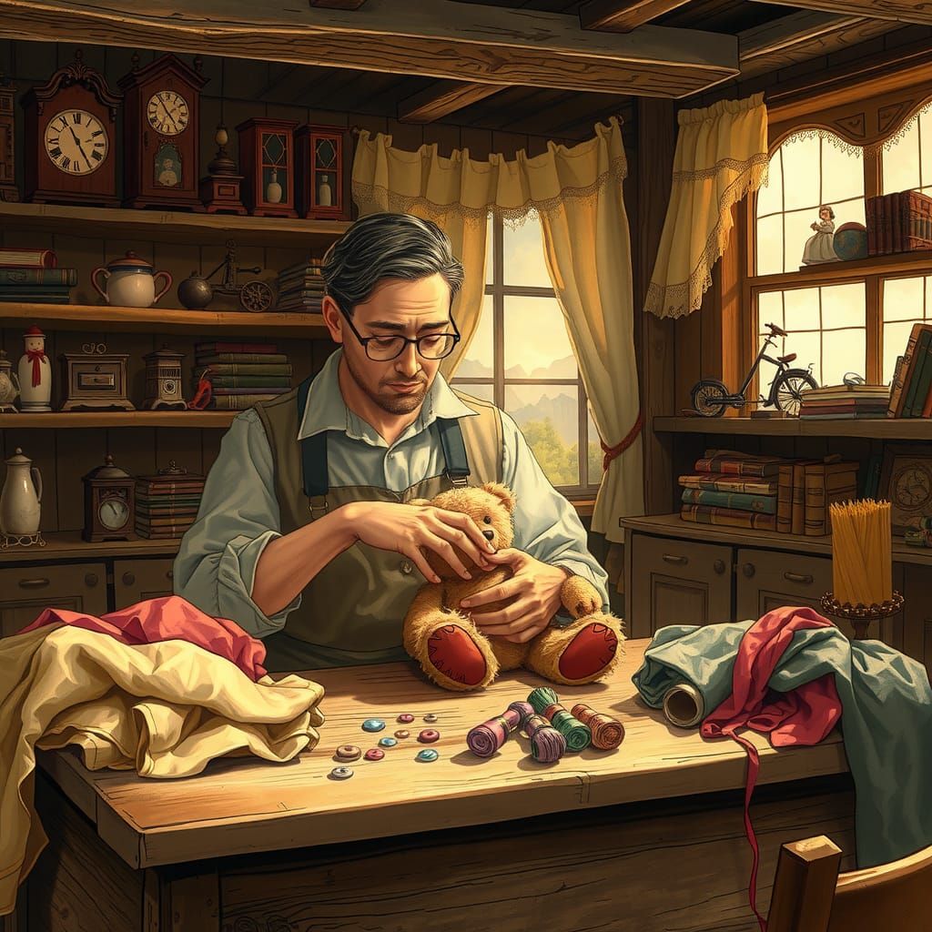 Toymaker Creates First Teddy Bear in Storybook Illustration
