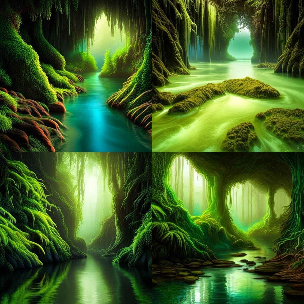 Bioluminescent Plants in a Swamp Cave