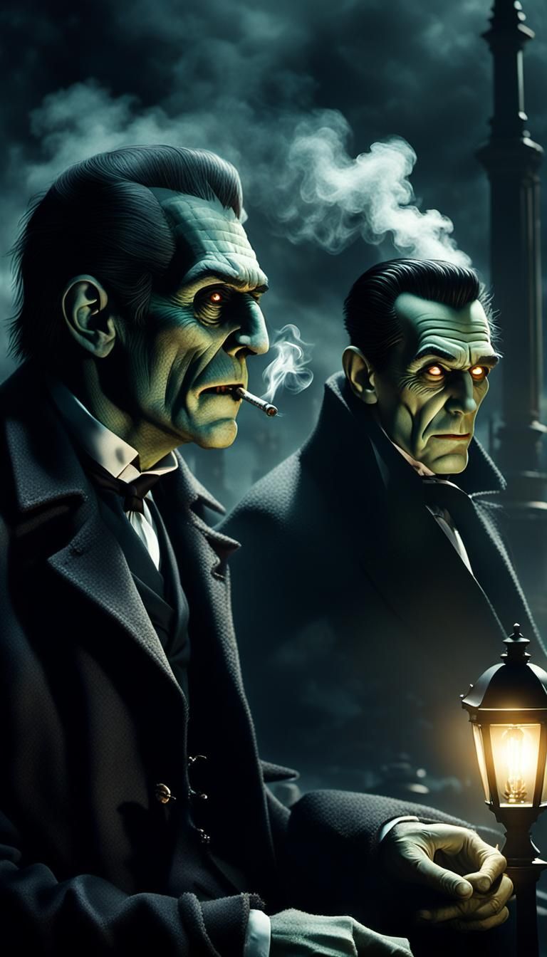 Frankenstein and Dracula Smoke Spliff in Gothic Cityscape
