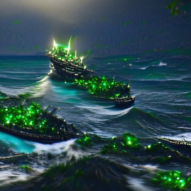 Green Haunted Ship on Glowing Dark Ocean