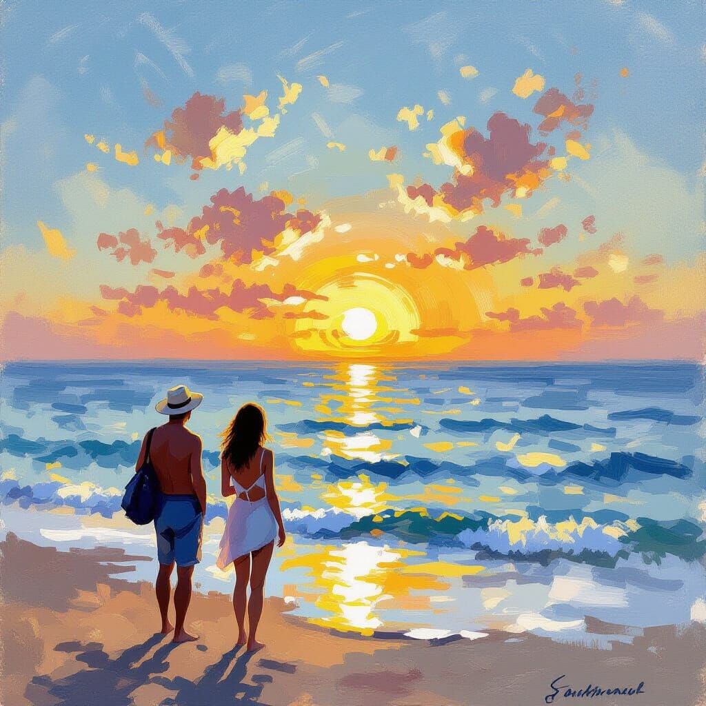 Beach Sunrise in Impressionist Style