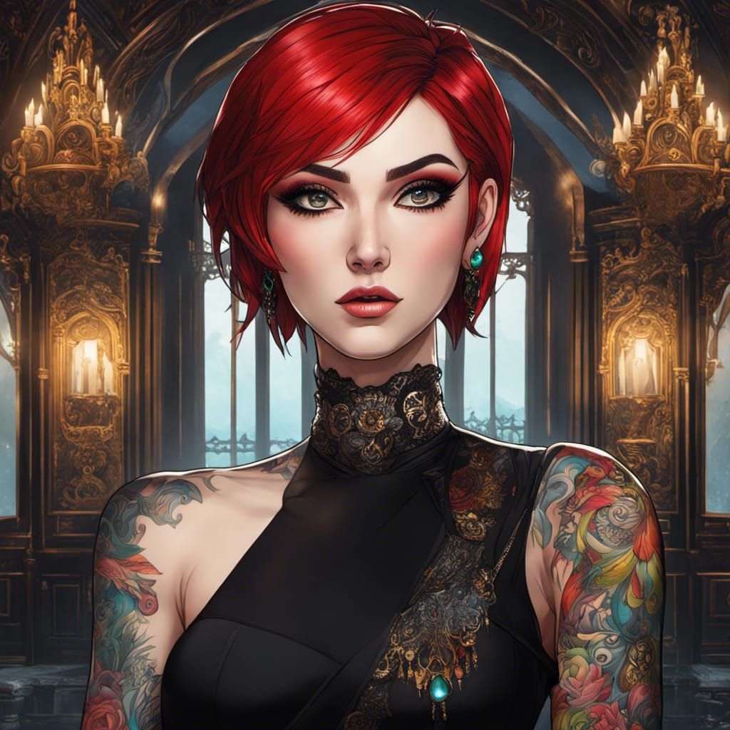 Gothic Woman Portrait with Red Hair in Anime Style