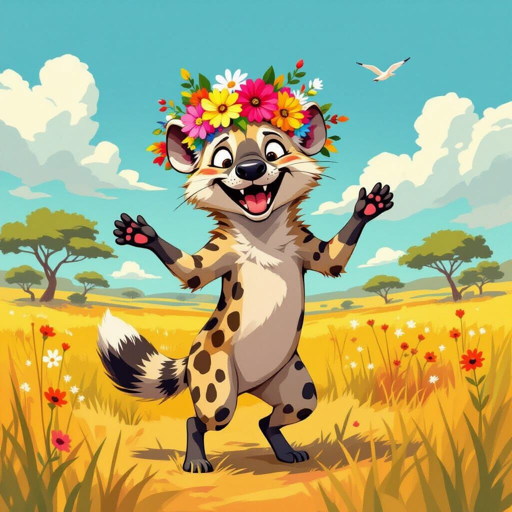 Joyful Hyena Dances in Vibrant Savannah Landscape