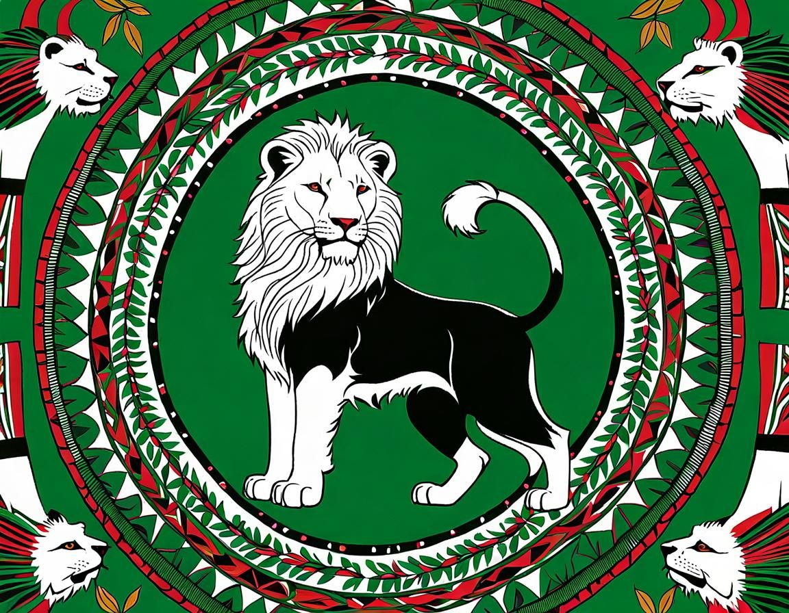 National animal of Burundi; the transvaal lion. Folk art-style in the three national colours. Since 2015, the lion is ex...