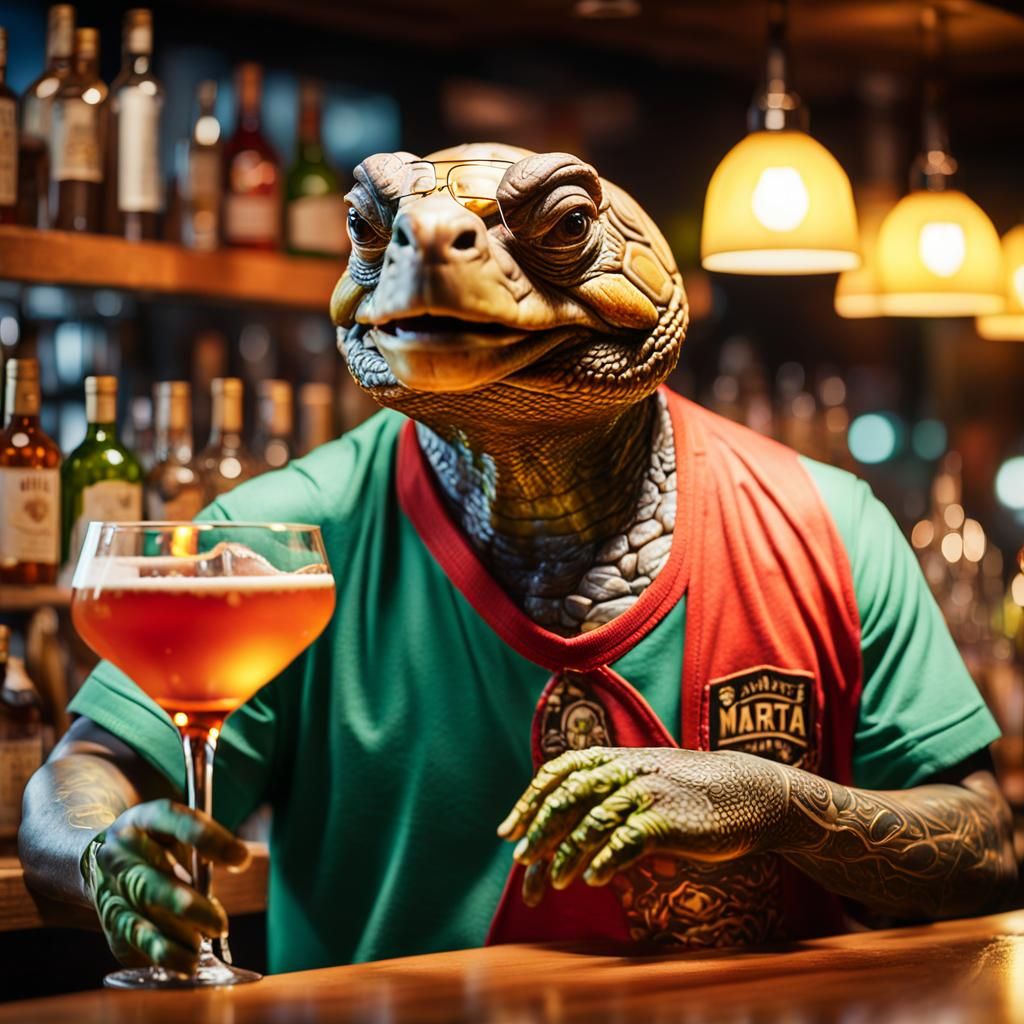 Turtle-Headed Bartender Serving Drinks in Pop Art Style