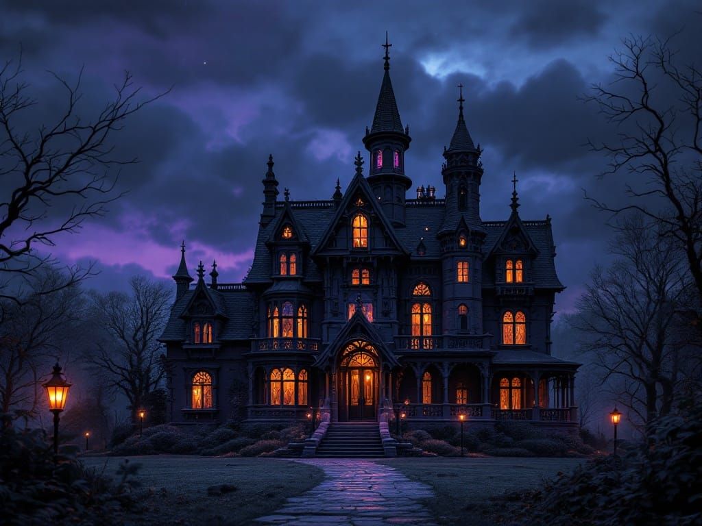 Gothic Mansion Illuminated in Midnight Splendor