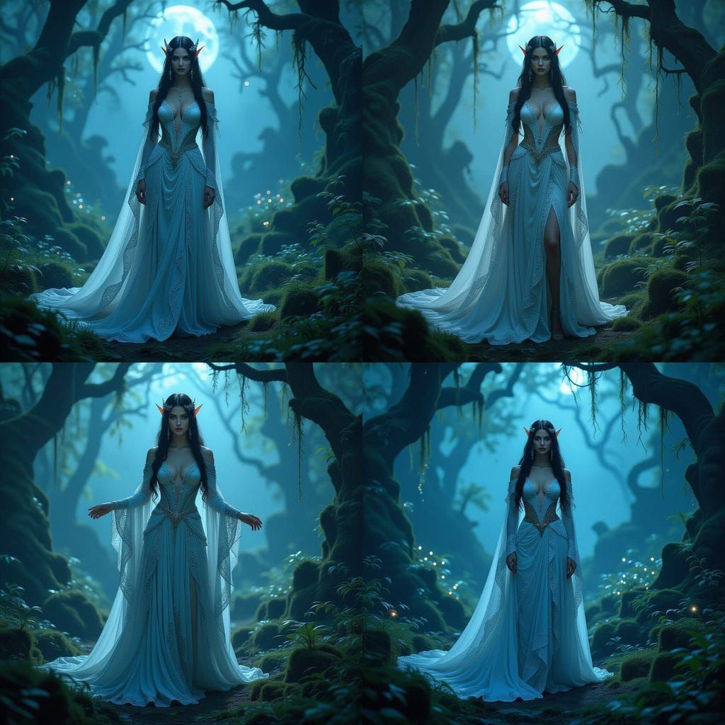 Elf Goddess in Moonlit Forest Clearing