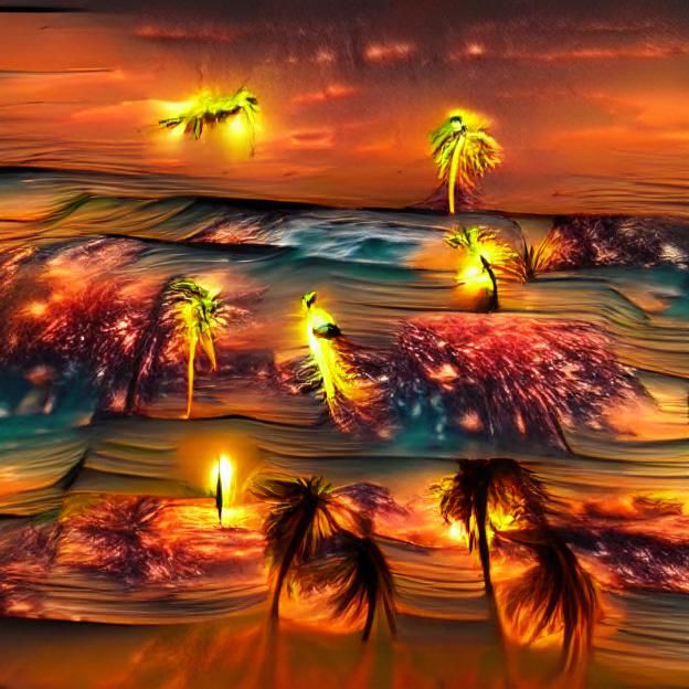 Sunset Palm Trees with Fantasy Fireflies in 8K 3D