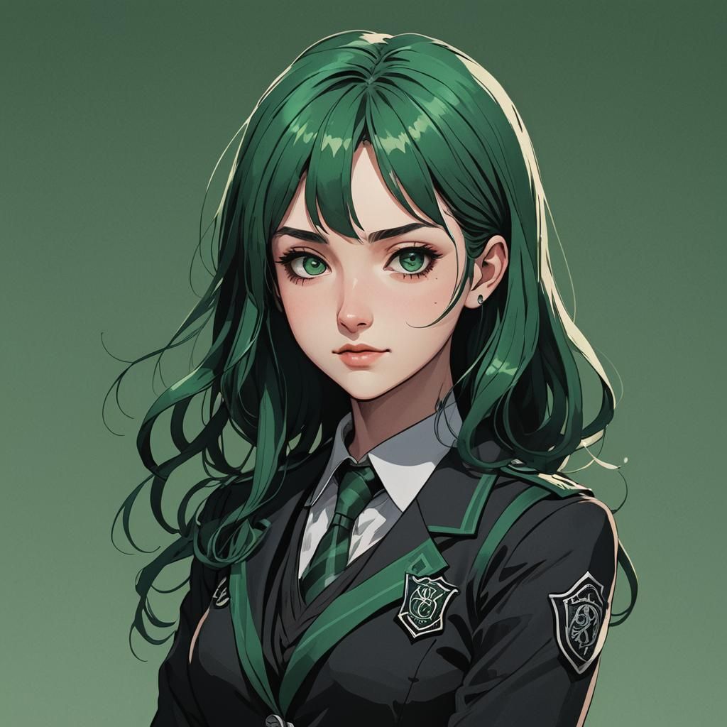 Goth Girl Slytherin Uniform Portrait in Anime Style