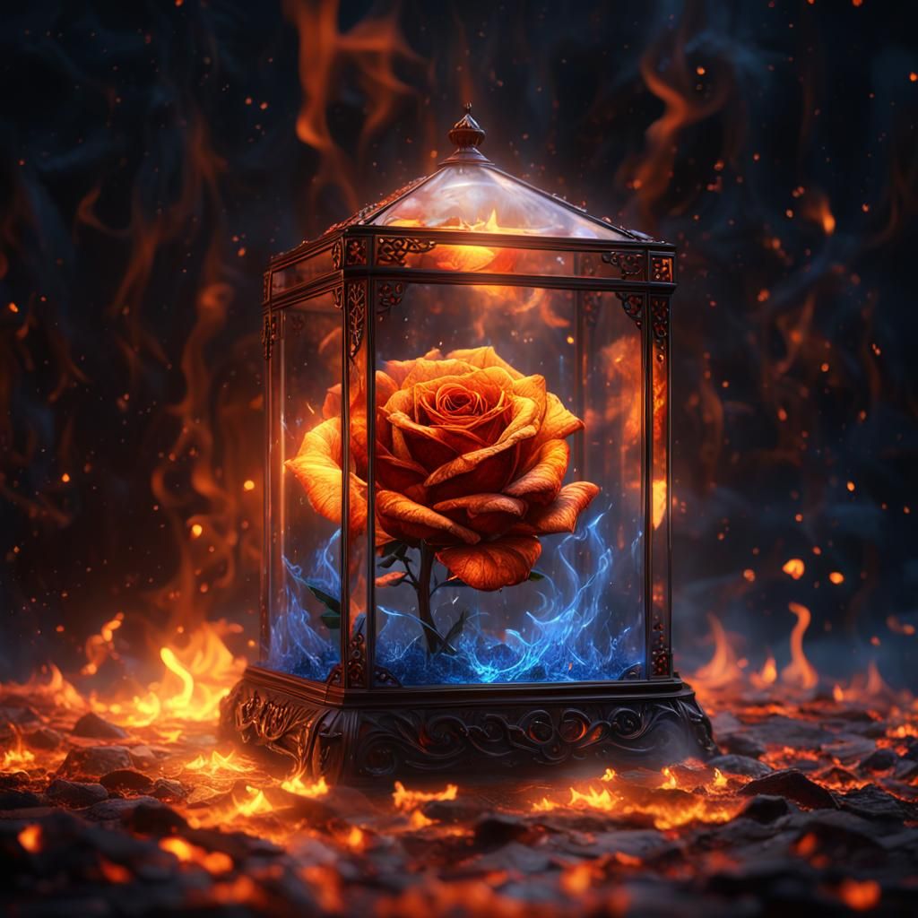 Fiery Rose in Glass Case: Fantasy Concept Art