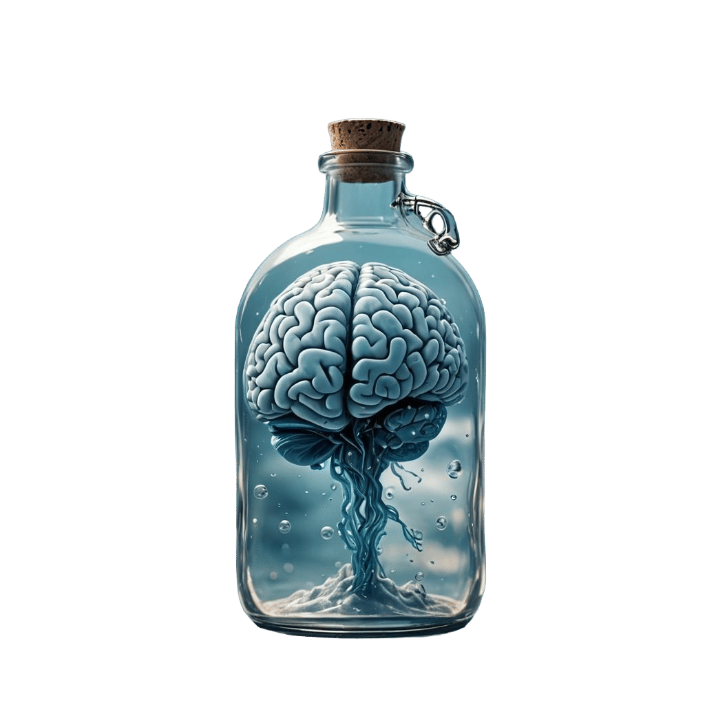 Brain in a Bottle Floating on Blue Ocean