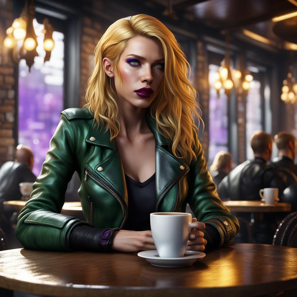 Woman with Golden Hair in Cafe: Fantasy Concept Art