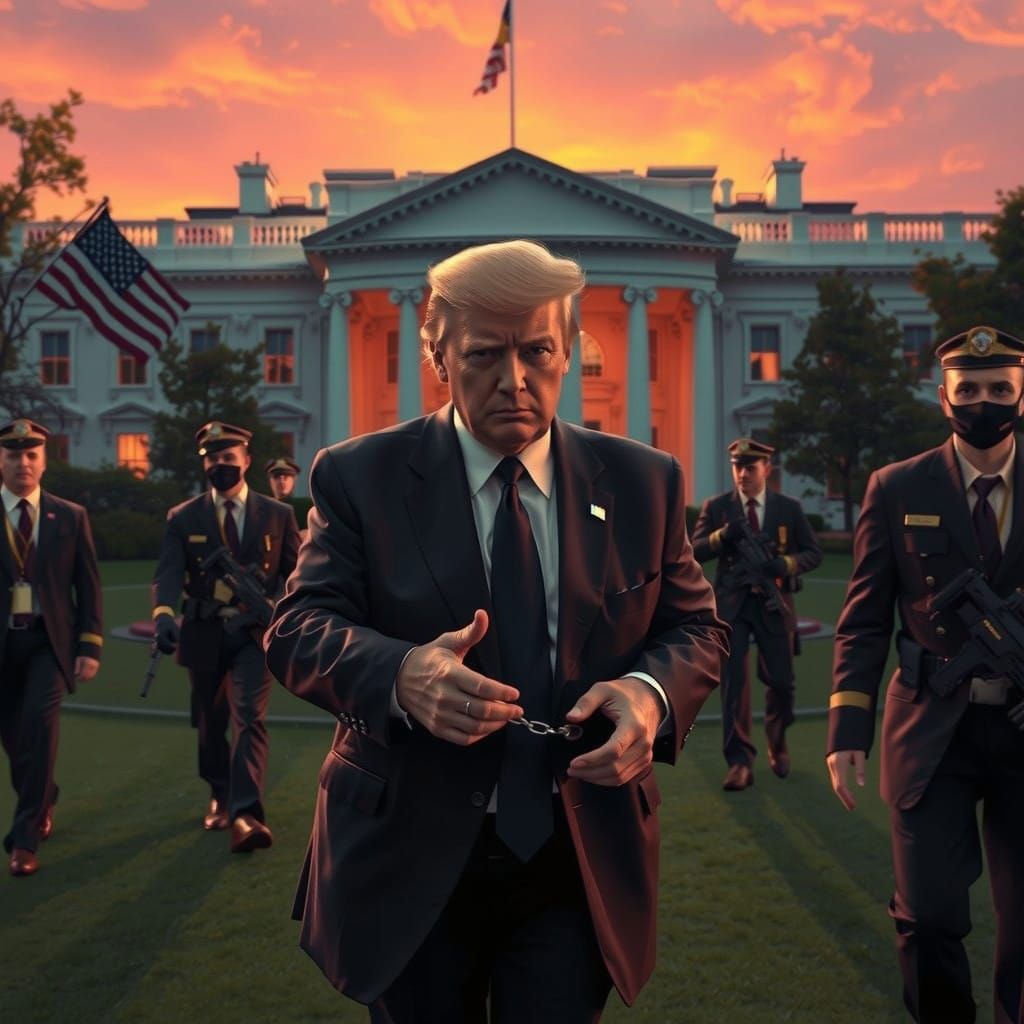 Photorealistic Donald Trump in Handcuffs Exits White House