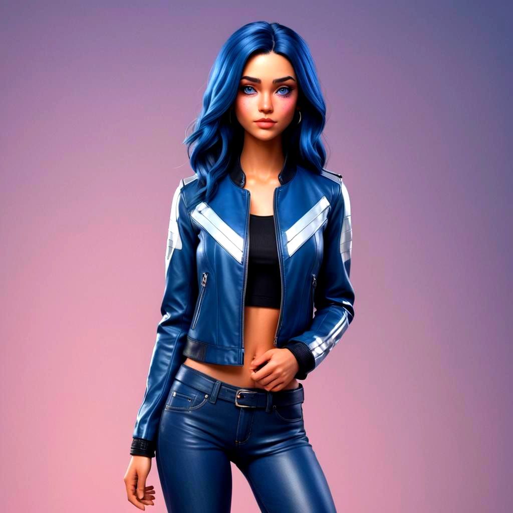 Silver Skinned Woman in Blue Leather Jacket: 3D Digital Art